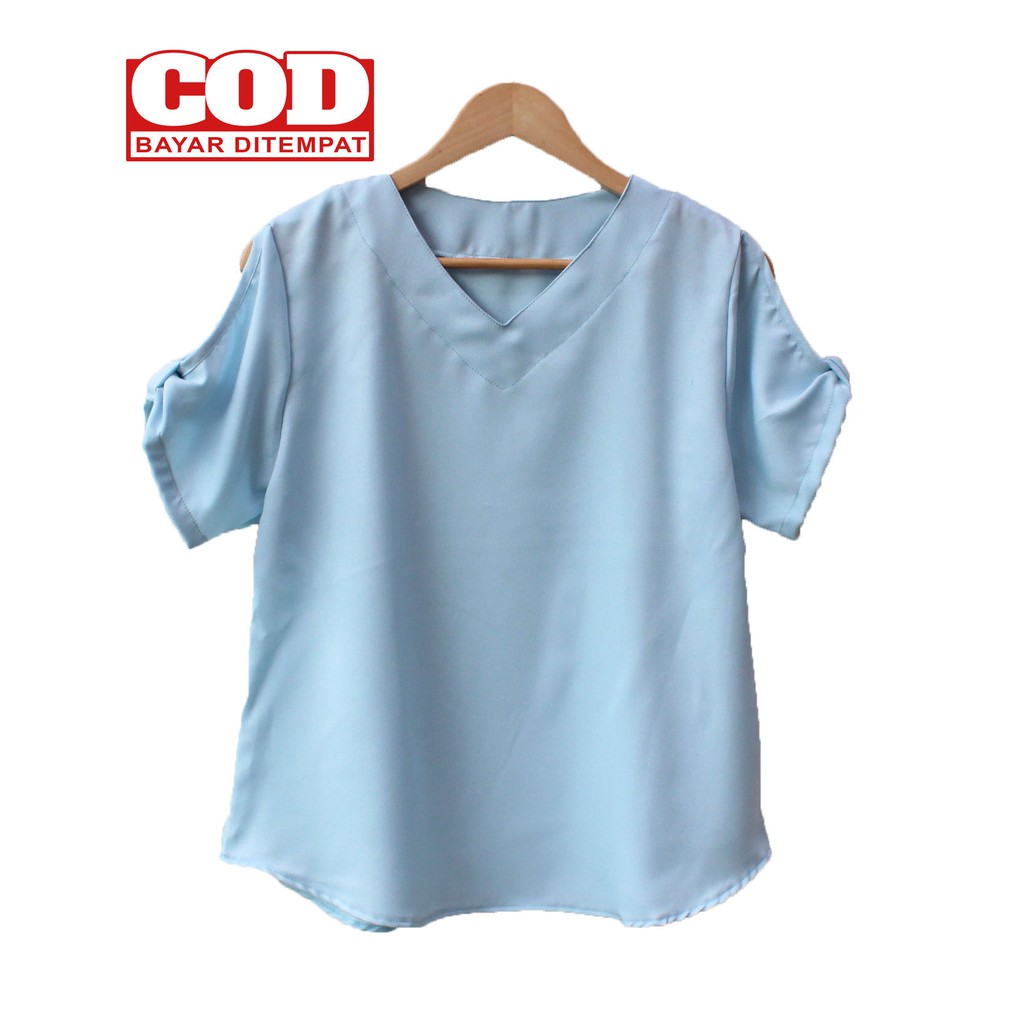 Real Pict - Atasan Jumbo / blus wanita / blouse jumbo Evi Polos size M , L dan XXL ( Real Pict )-Soft Blue
