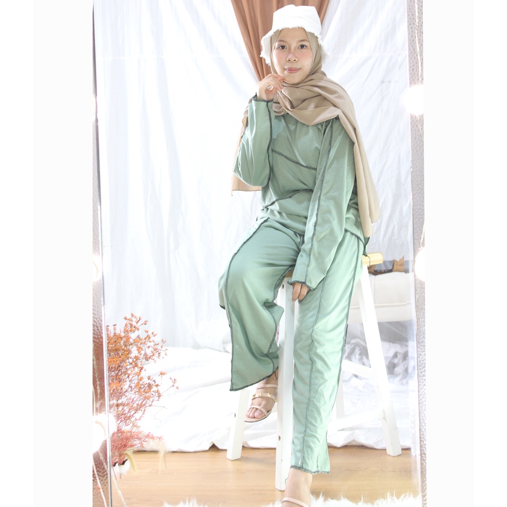 One set terbalik stelan oversize tshirt longsleeve kulot pants fashion terbaru wanita-Sage green