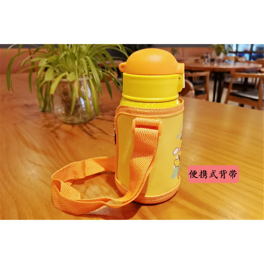 Botol Minum Thermos 400ml Bahan Stainless Steel Motif Kartun Hewan Dengan Sedotan Dan Tali Bahu Untuk Anak