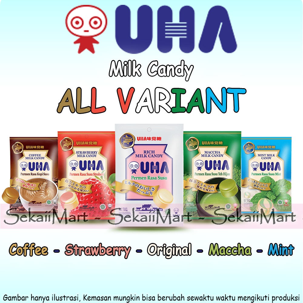 

UHA Milk Candy All Variant Pack Kantong 100g - Permen Susu Rasa Mint Matcha Strawberry Coffee