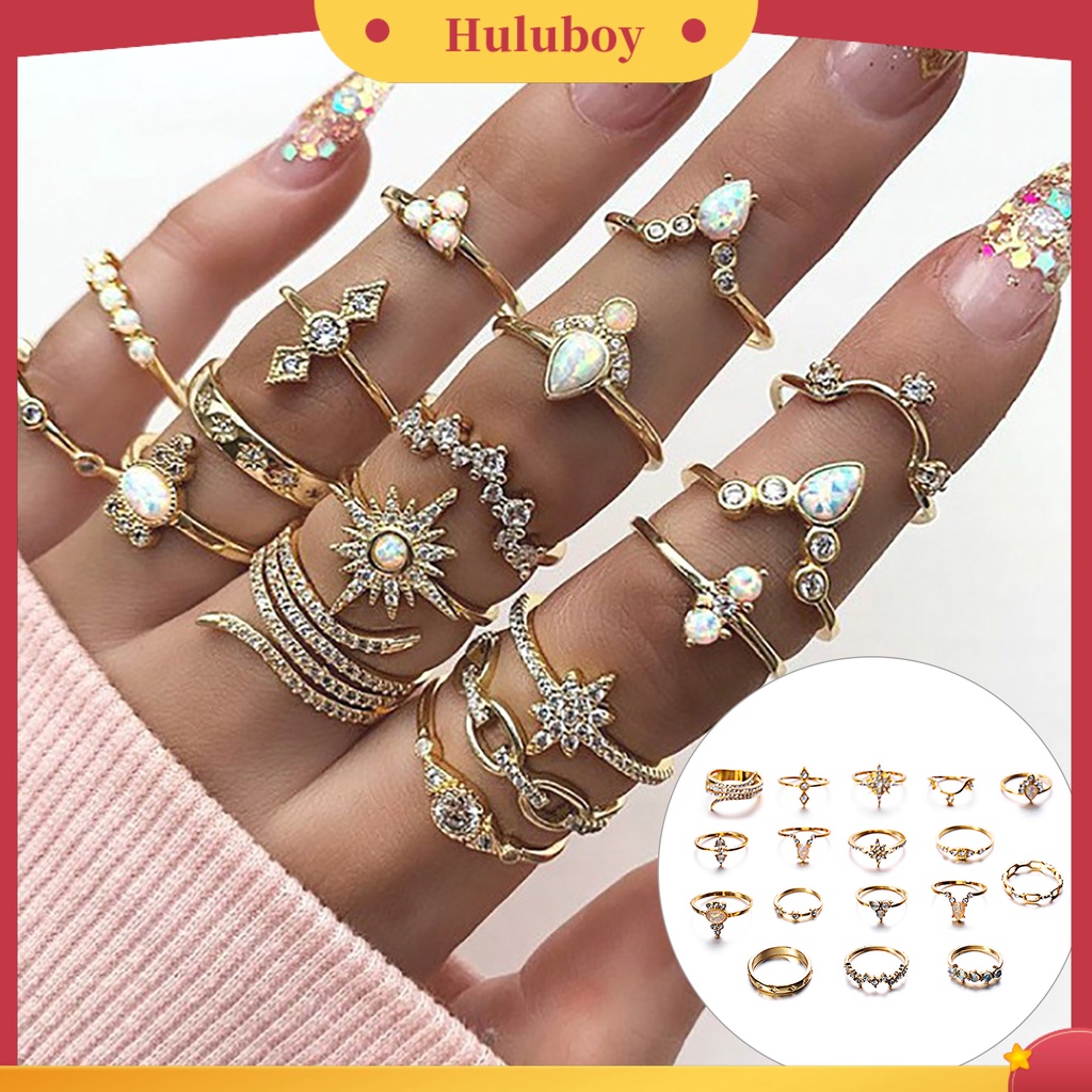 Hu Hu Hu Hu Hu Alat Bantu Pasang Kacamata♡ 17pcs Cincin Knuckle Bahan Alloy Desain Ukiran Hias Permata Imitasi Gaya Unikbohoetnik Untuk Wanita