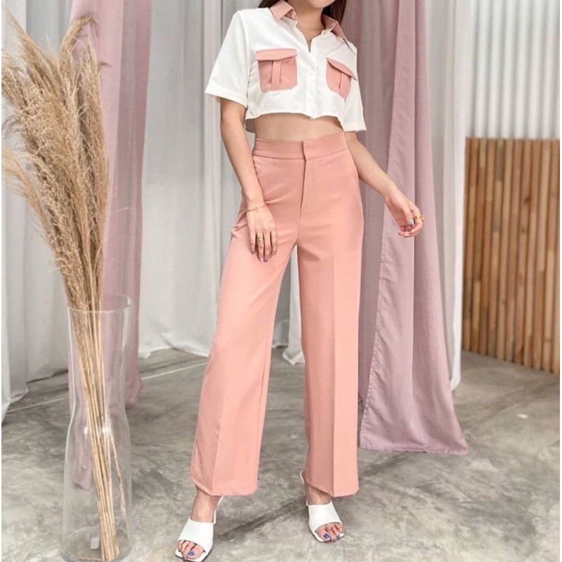 BEFAST - ZEC OOTD Wanita Setelan IAN / Set Damian / Set Atasan Crop + Celana Panjang / Setelan Terbaru Wanita / Set Kekinian Ala Korean OOTD Wanita