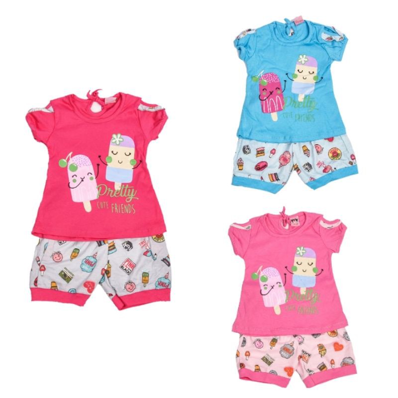 SETELAN FASHION BAJU KAOS ANAK PEREMPUAN MOTIF ICE CREAM 1-2 TAHUN WARNA PINK FANTA BIRU