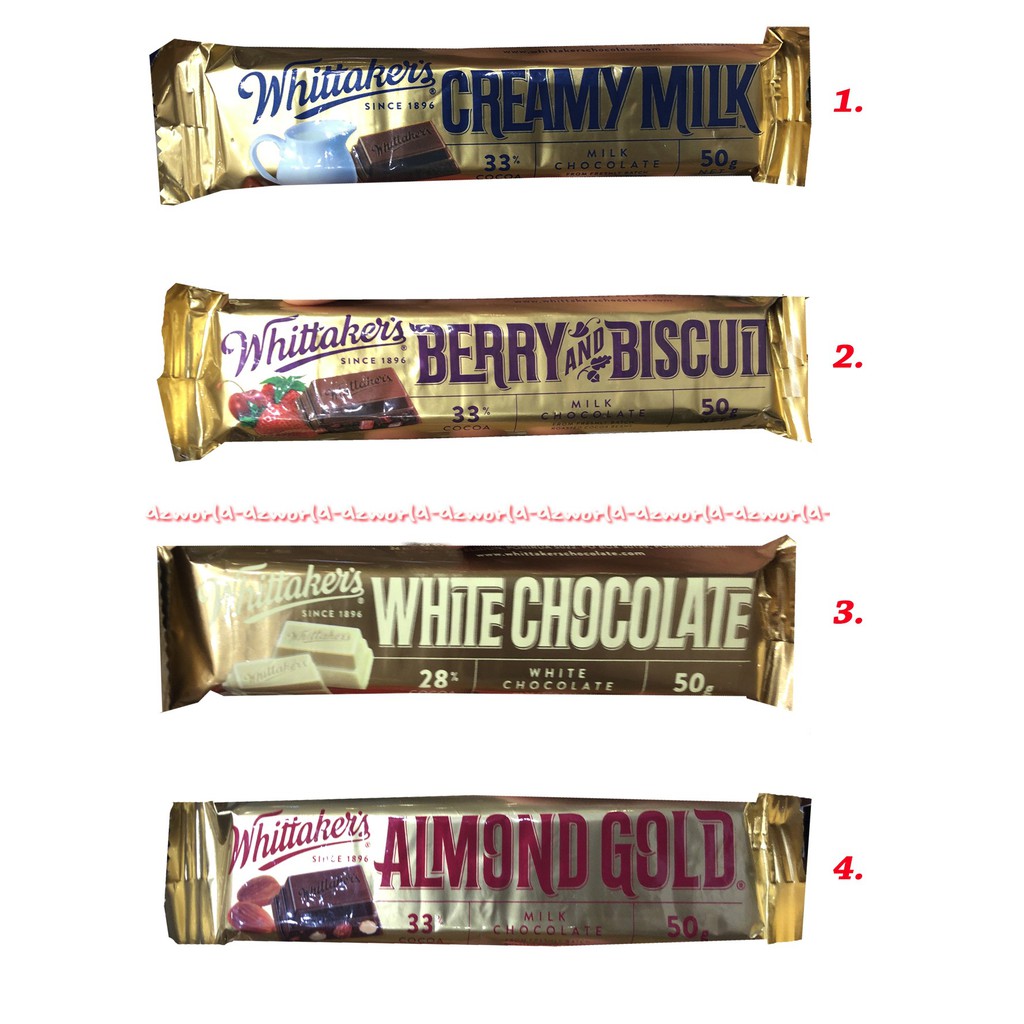 Whittaker's 50gr Creamy Milk Berry and Biscuit White Chocolate Almond Gold Cokelat Kacang Almond Wittakers 50 gram Whittakers Snack Cemilan Coklat Chocolate