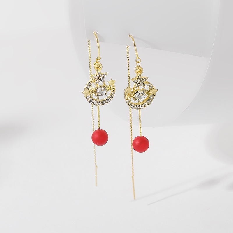 Korea trendi kepribadian fashion red pearl telinga string anting-anting elegan pentagram berlian pan