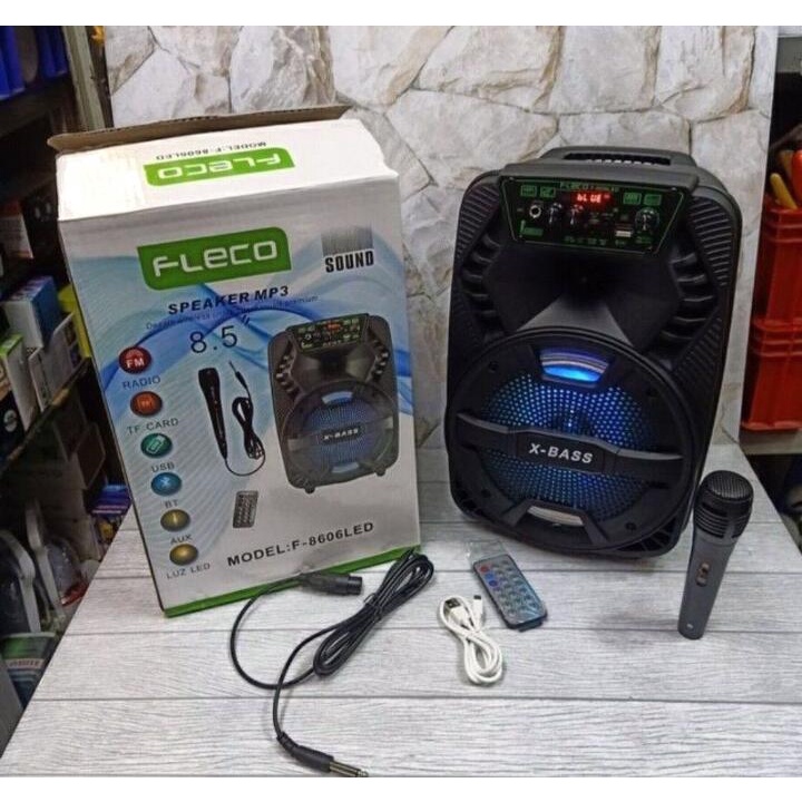 TERBARU speaker bluetooth karaoke 8,5 inch mic wireless x bass radio fm 5000watt LED xtra bass Best Qualiity wireless microphone cas rechargeable super bass tripod speaker fleco f8606/ F8801/ F 6011/ 8809Tripod/ f8806Tripod/FLECO T690