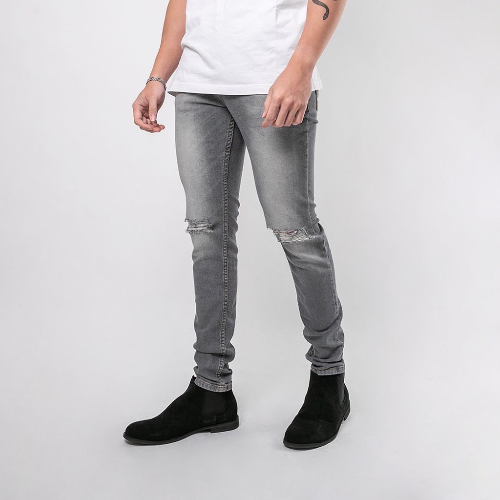 Celana Ripped Jeans Pria  / Celana Jeans Sobek Bahan Stretch Denim - (UJ-18) - Light Grey