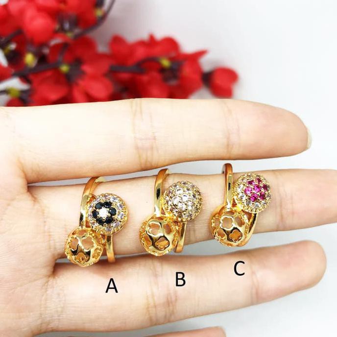 promo Cincin Xuping Lapis Emas Model Bulat Batu Pink Hitam Putih - BR356