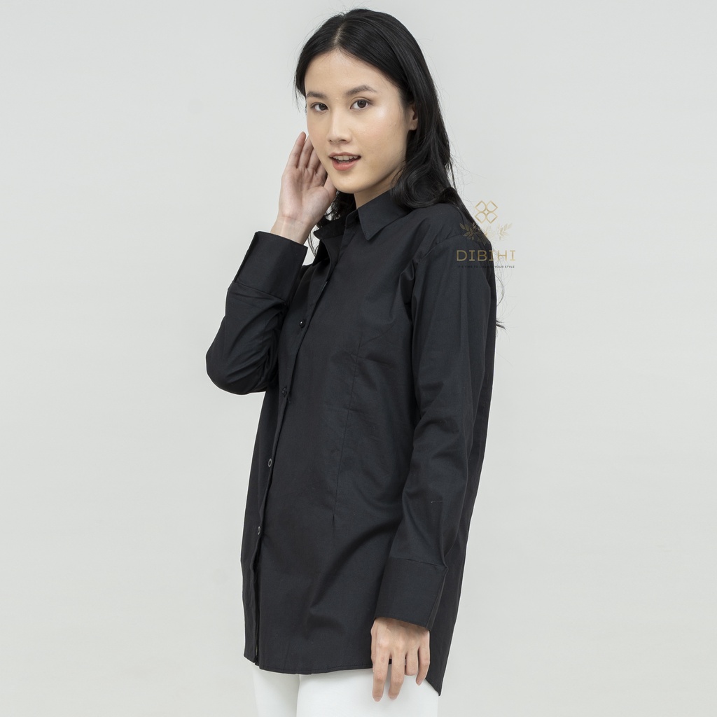 Kemeja Dibihi Kerja Formal Hitam Polos Wanita Bahan Katun Stretch Black Shirt Women