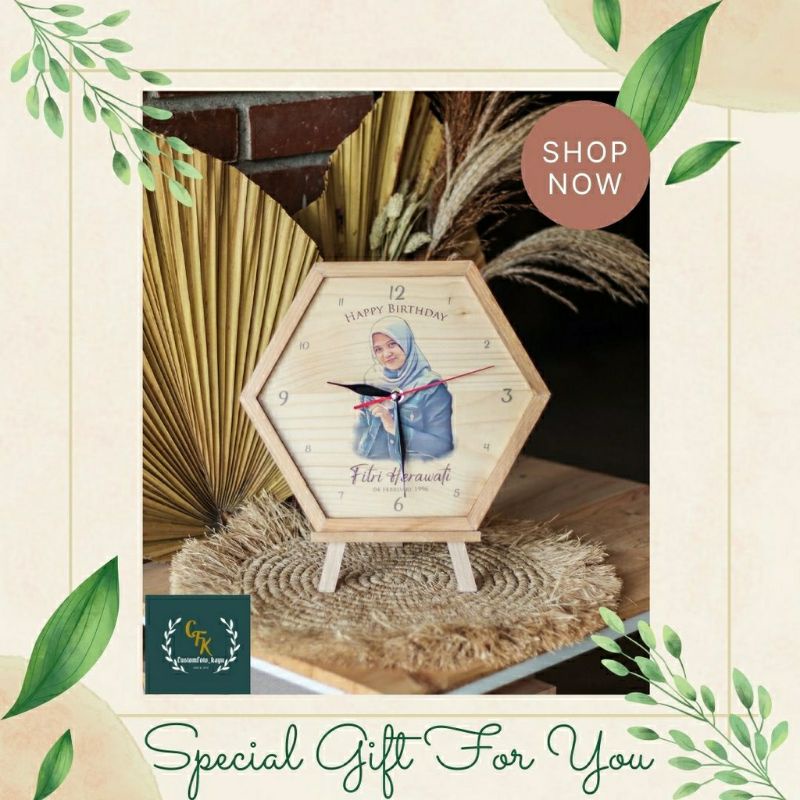 kado sketsa Jam custom foto kayu Model Hexagon