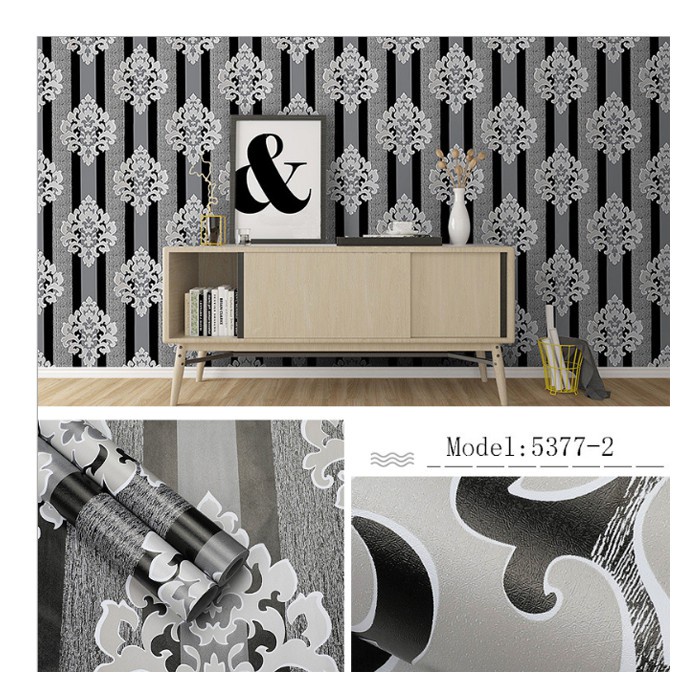 TOKO21GROSIR--WALLPAPER DINDING BATIK SILVER GARIS HITAM ABU