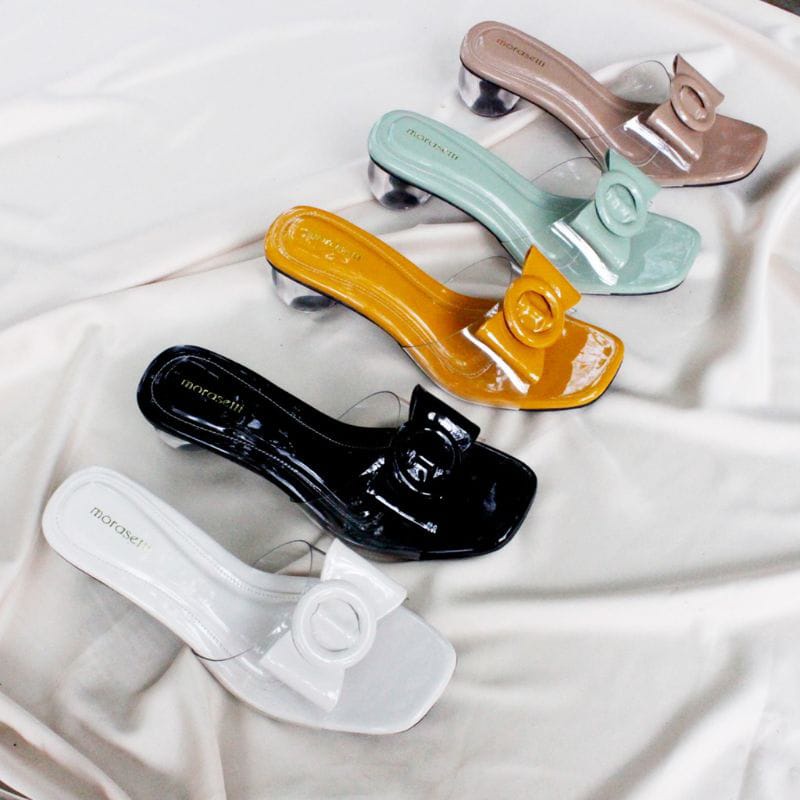 Heels Wanita Hak Kaca Oval 5 Cm Mika Transfaran Pita Bulat Heels Hak kaca Terlaris Promo