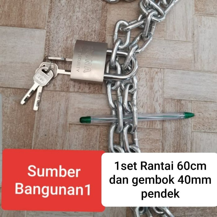 rantai dan gembok pagar 1 set rantai 60cm gembok 40mm pendek