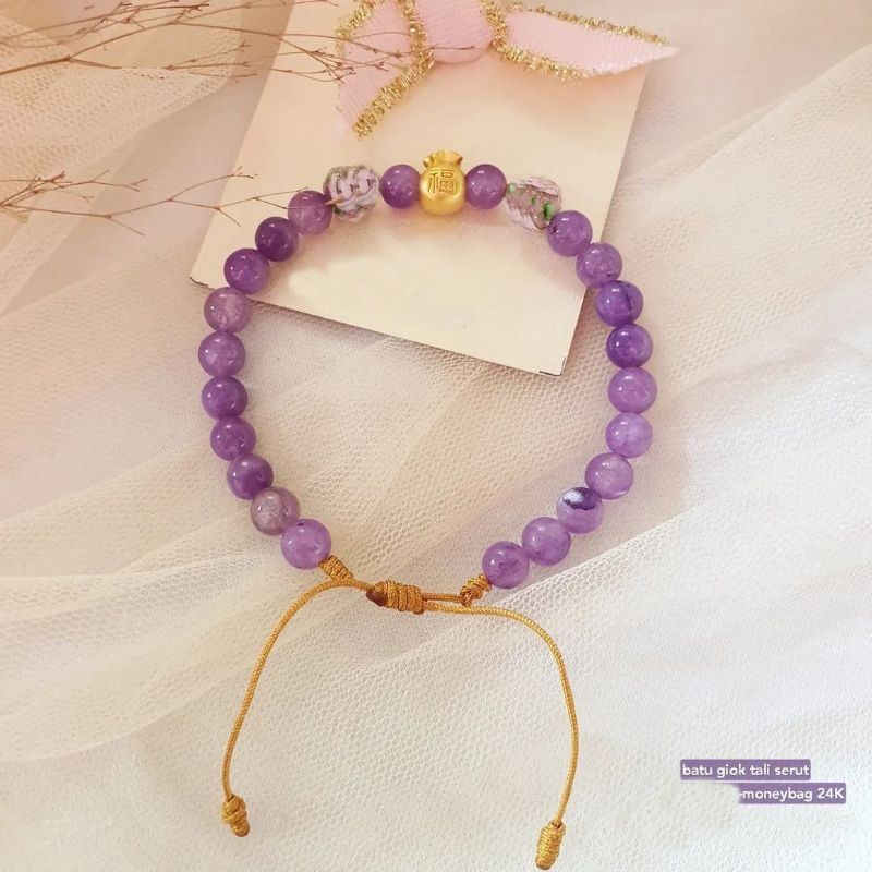 gelang batu tali serut adjustable cowok cewek variasi emas 24k hongkong 999 charm kantong uang monne