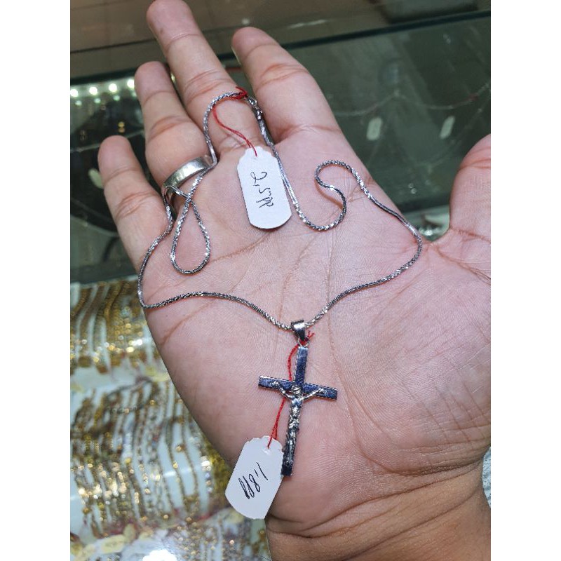 kalung salib emas 750 putih model tambang likit kombinasi berliontin