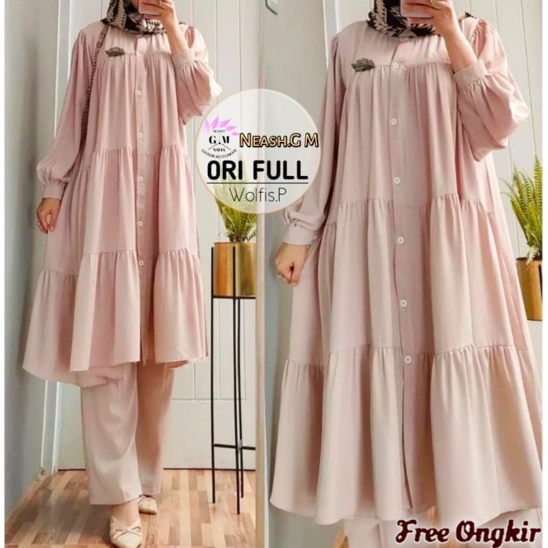 Setelan Muslim Wanita Terbaru One Set Baju Tunik+Celana Polos  Celana Panjang Dress Muslim Syari  Ju