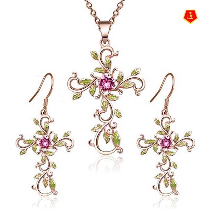 [Ready Stock]Elegant New Cross Earrings Necklace Pendant Set