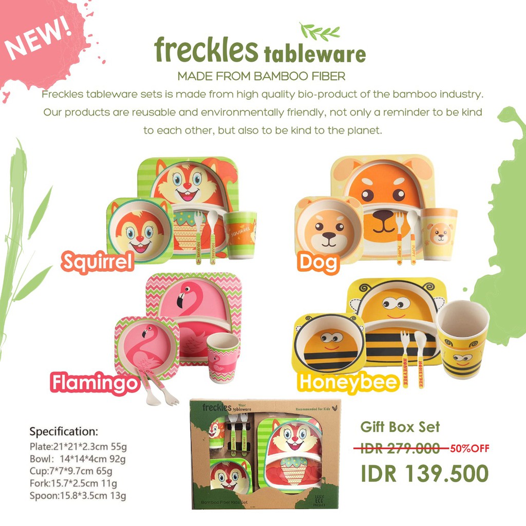 Freckles Bamboo Feeding Tableware Dinner Set Animals Cute Set Makan Bambu Anak Bayi Piring Gelas