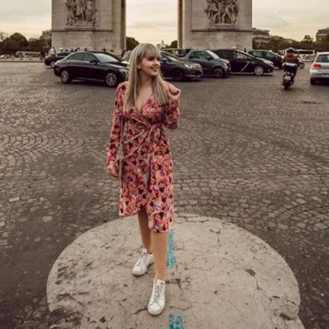 (N110)Monki silk neon pink floral print wrap dress