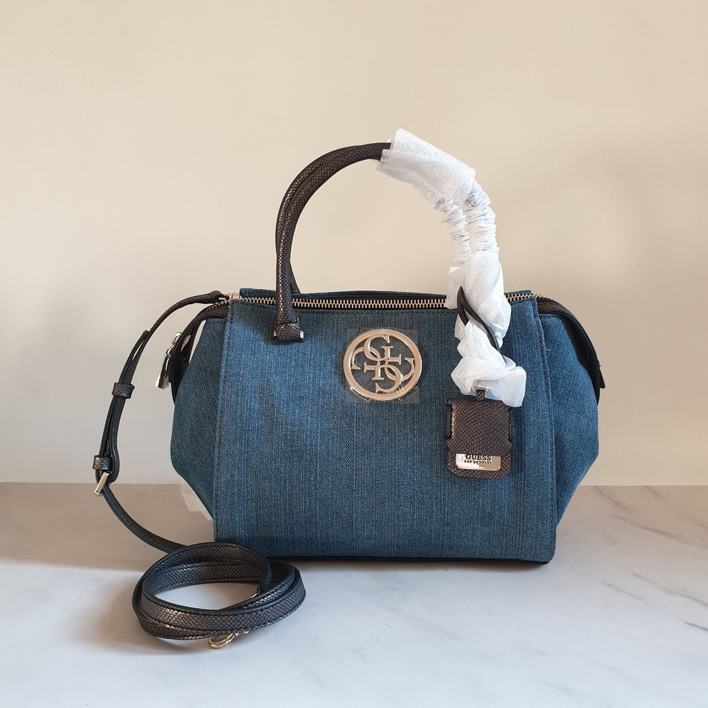 Tas Guess Ryann Satchel Denim Mix Snake Skin Handbag Bag