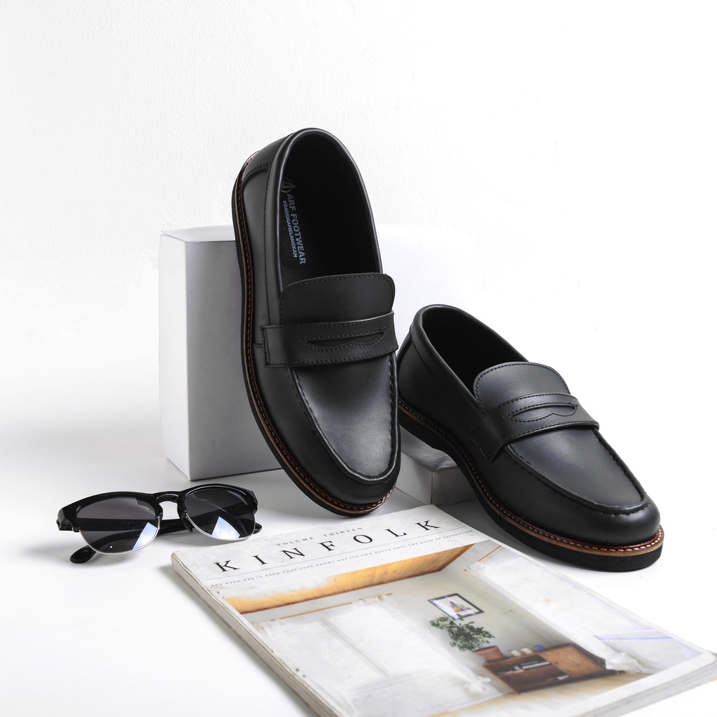 Alpine Black | Sepatu Loafers Hitam Tanpa Tali Pria Casual Kerja Formal Kantor Original Laki | FORIND x Arf