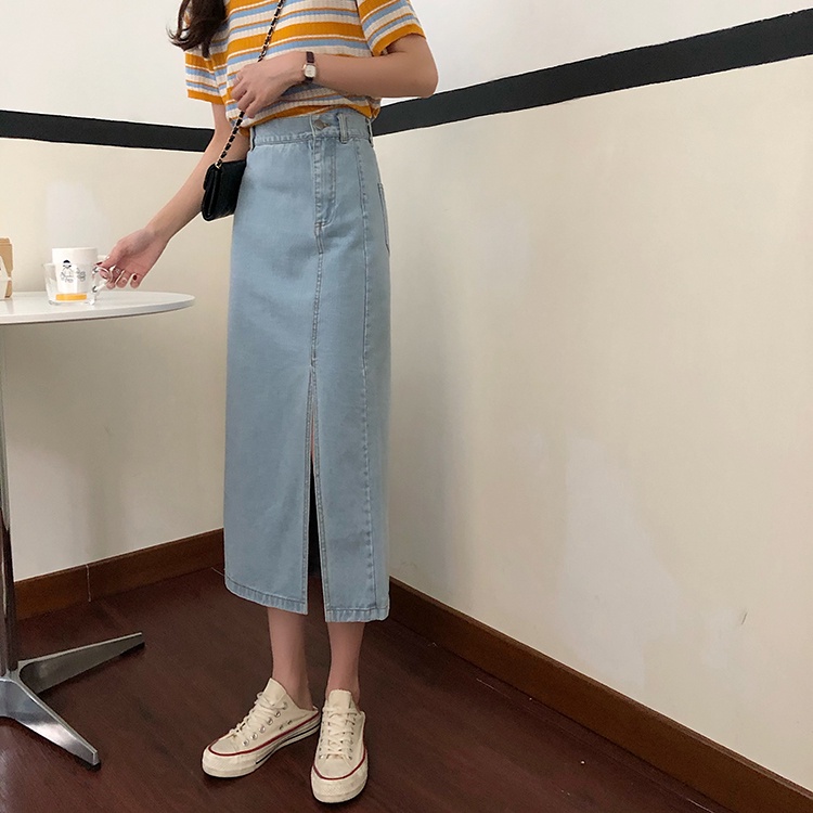 Korean Style Slit Rok Denim Panjang Wanita A-line Skirt Midi High Waist