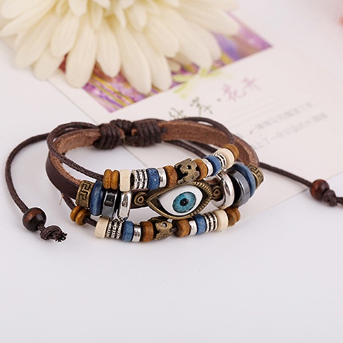 Hu Hu Hu Hu Hu Alat Bantu Pasang Kacamata♡ Gelang Tangan Kulit Imitasi Adjustable Aksen Mata Turki Handmade Untuk Unisexpriawanita