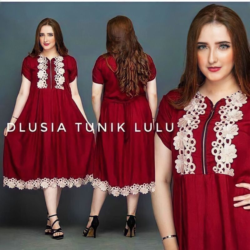 Daster Renda Tunik Lulu Dlusia Rayon Premium Dress Tunik Lengan Pendek Busui Baju Wanita Kekinian LD 110 cm