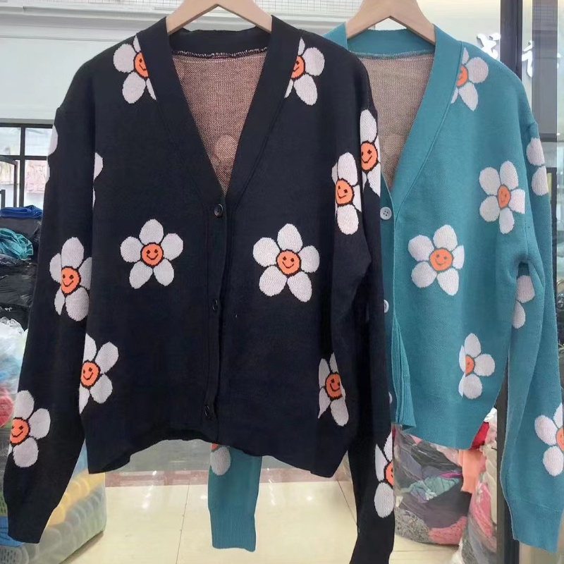 yikoo-Cardigan lengan panjang motif bunga wanita korea kardigan rajut