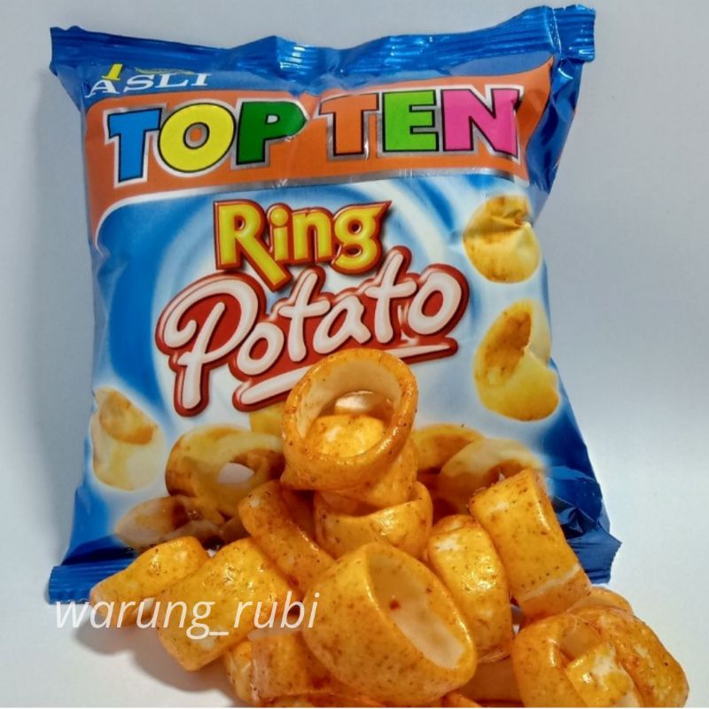 

Top Ten Ring Potato 8 gram, Harga 1pcs. Snack Jajanan jadul Chiki Cemilan Makanan ringan Satuan Eceran Jual Grosir Renceng(10pcs), Dus(isi 40pcs) by Warung_rubi