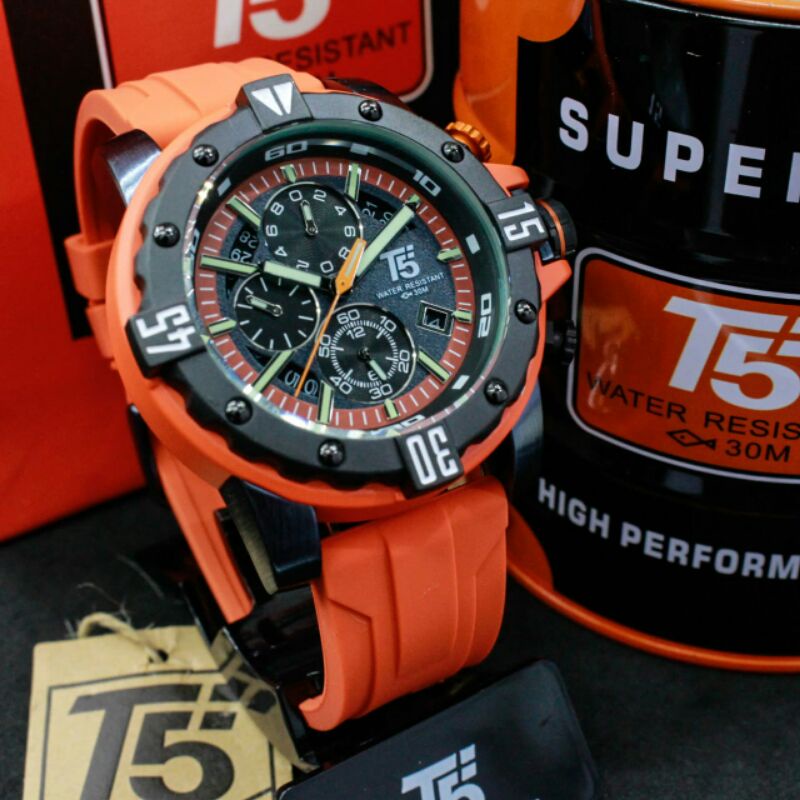 Jam tangan pria T5 H 3757 original tali rubber chronograph T5 H 3757