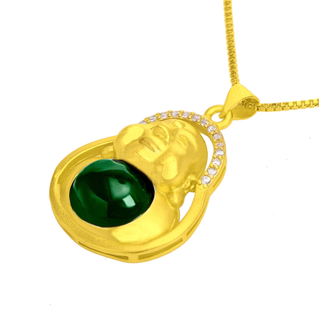 Kalung Liontin Giok Maitreya Buddha Emerald Berlian Emas Asli Kadar 375 Lapis Emas Untuk Wanita