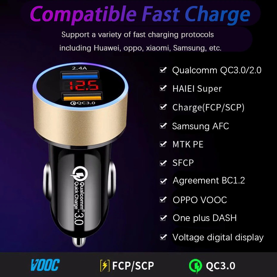 Leeioo Car Charger Dual USB Port QC3.0 2.4A LCD Display LE001 HITAM