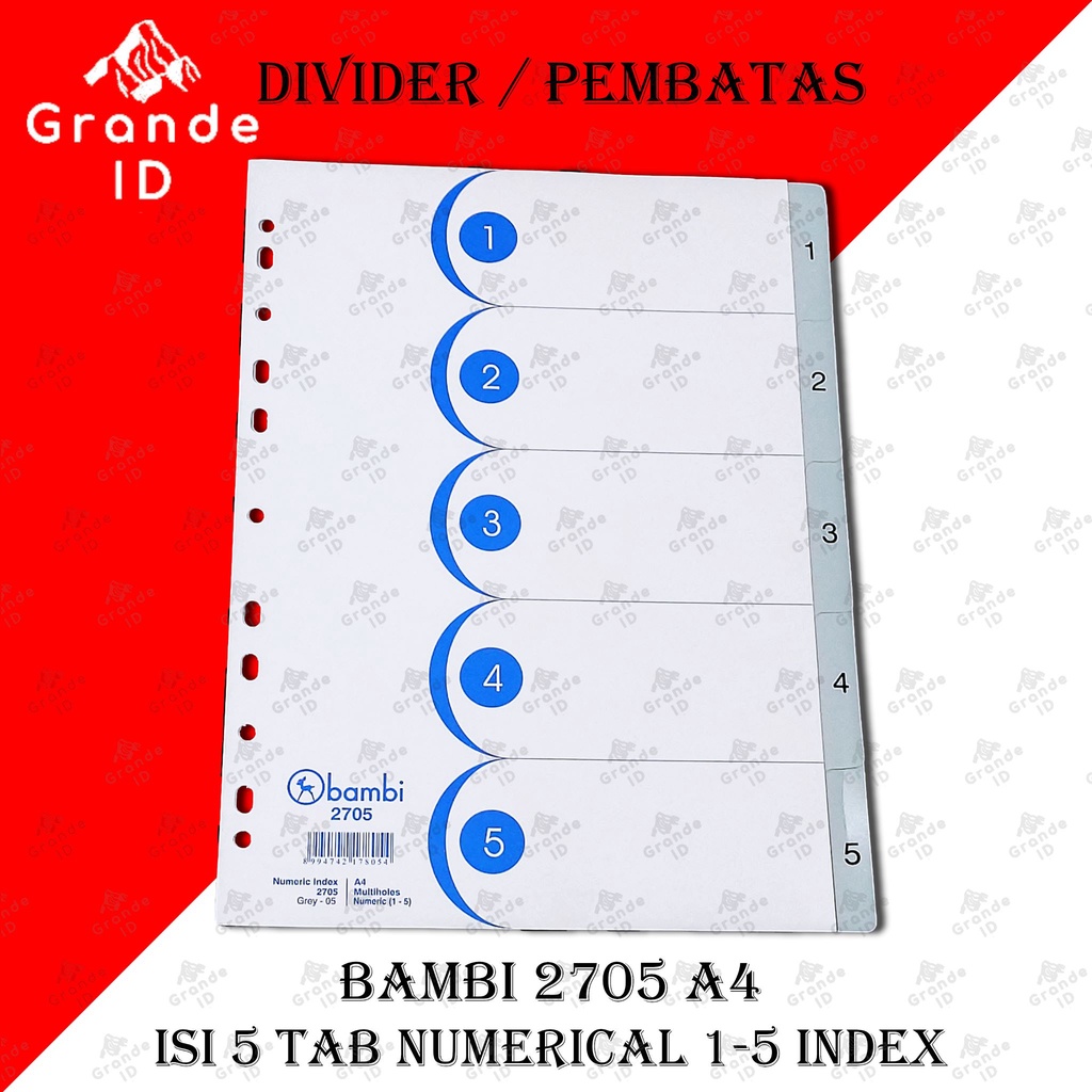 

DIVIDER BAMBI 2705 A4 ISI 5 TAB NUMERICAL 1-5 INDEX PEMBATAS BINDER