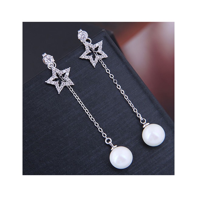 LRC Anting Tusuk Fashion Silver 925 Silver Needle Zirconium Pentagonal Pearl Stud Earrings A59471