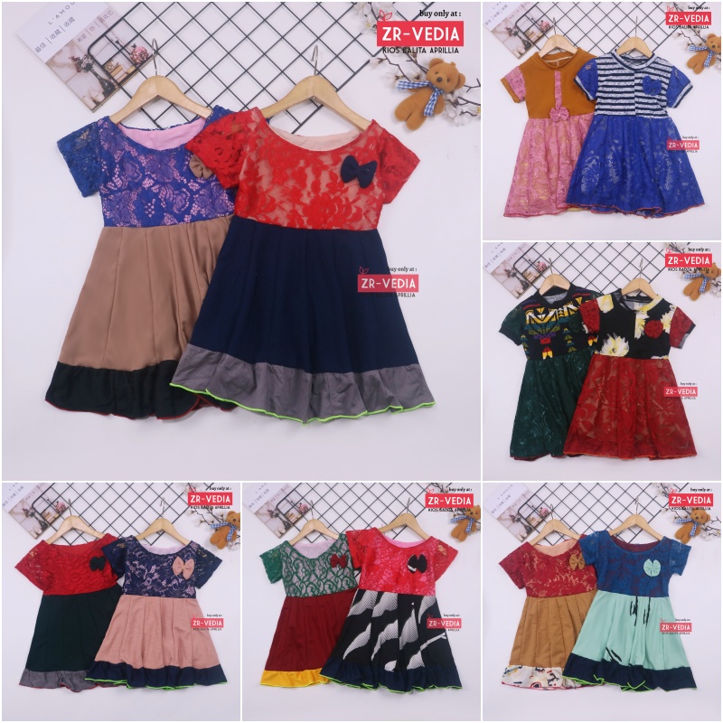 Dress Yuki uk 1-2 Tahun / Dres Lengan Anak Perempuan Brukat Adem Murah Baju Gaun Pesta Import