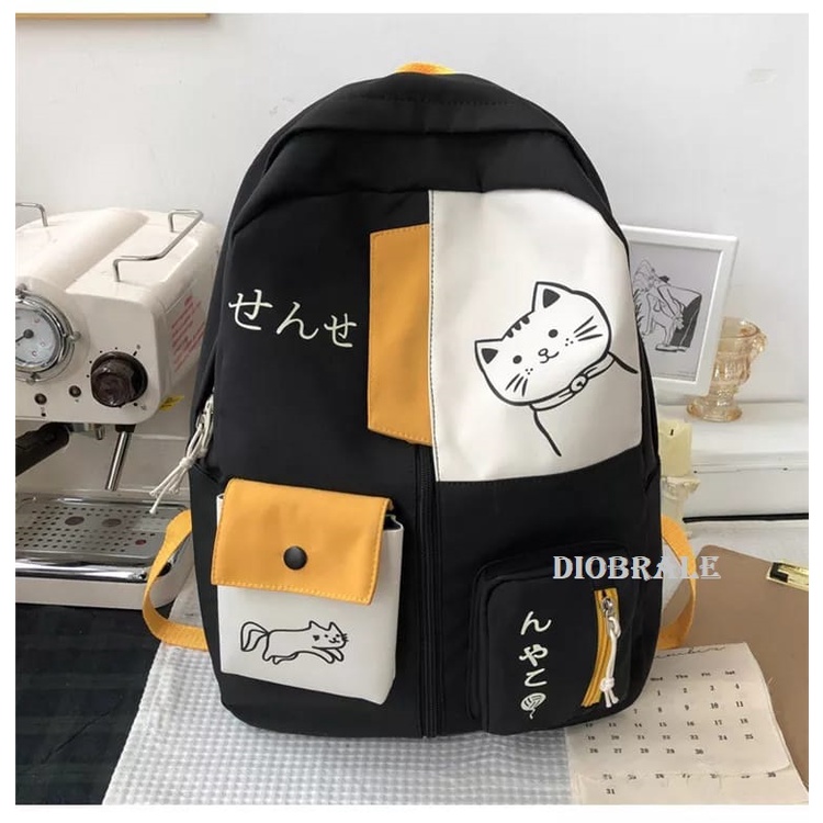 Diobrale - Tas Ransel Anak Remaja Wanita Motif Kucing Karakter Sekolah SD SMP Kekinian Terbaru 2024
