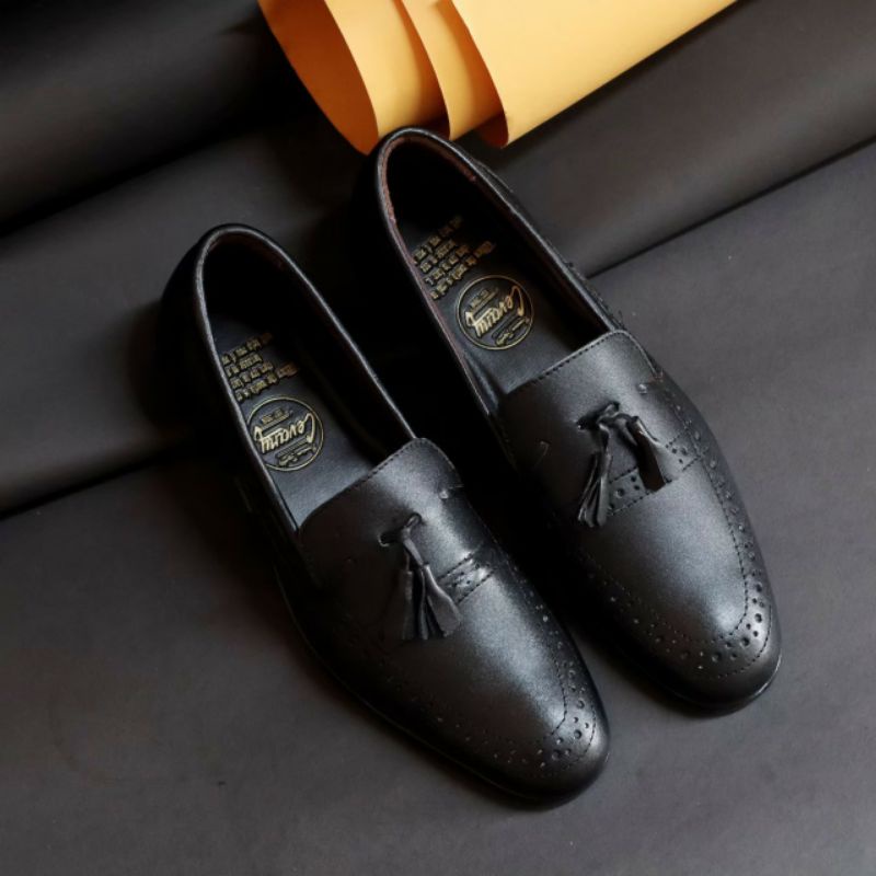 DRESSROSA BLACK Sepatu Pantofel Pria Kulit Asli Slip On Pentopel Casual Slop Formal Kerja Kantor Pesta Trendy Elegan