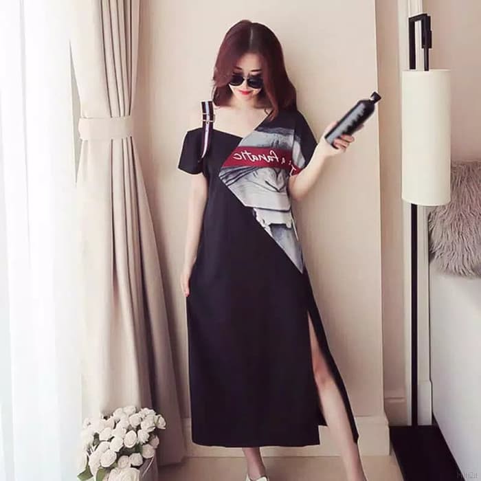 TBI Import Harajuku Asymmetric Off Shoulder Print Dress Kombinasi Kpop