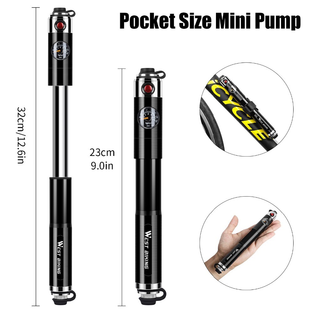 WEST BIKING Mini Portable Bike Pump with Pressure Gauge - 160PSI