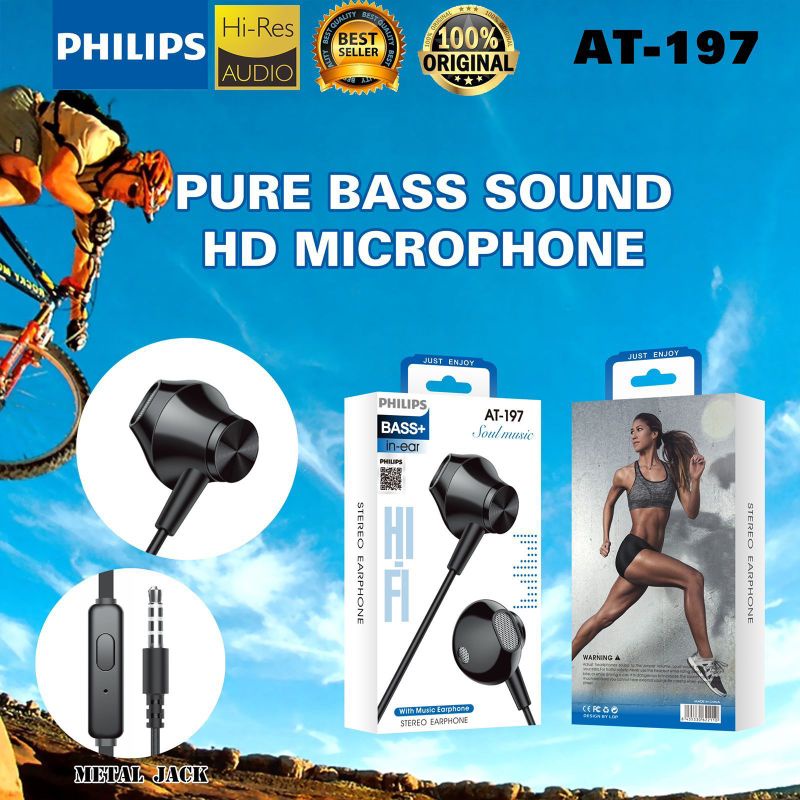 Handsfree Headset Earphone Philips AT-197 Plus Mic Stereo Suara Bagus