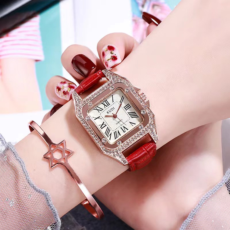 Rowling (Jam-24) Jam Tangan Wanita Kotak K.U.D.I Jam Tangan Wanita Quartz dengan Strap kulit Sintetis Romawi Import TANPA ACCESORIS