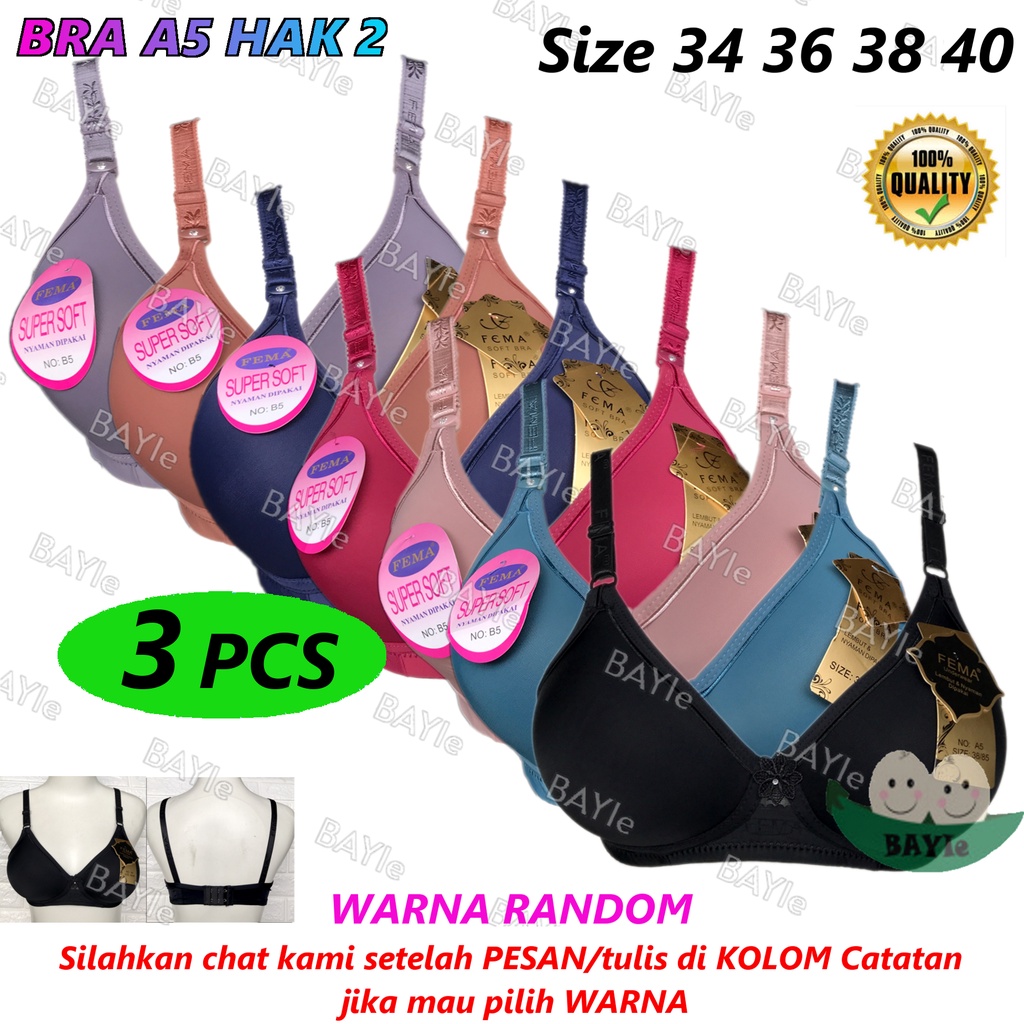 BAYIe - 3 PCS BH / Bra Wanita Cewek Remaja/ABG/Dewasa FEMA A5 Cup A Busa Sedang Tanpa Kawat Kaitan 2 Size 34 - 40