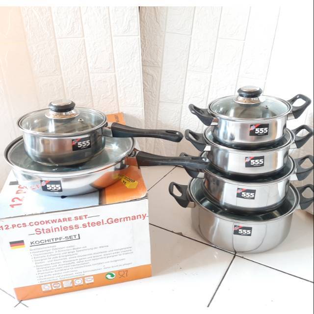 Cookware Set 12 Piece Stainless Steel SA 555 Tutup kaca | Shopee Indonesia