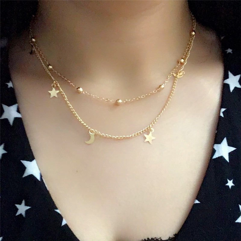 Kalung Rantai Multi Layer Liontin Bulan / Bintang / Bulan / Bintang Ala Boho Simple untuk Wanita