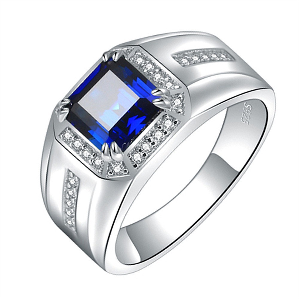 Cincin Emas Putih Fashion Pria Cincin Tunangan Batu Permata Biru Putih