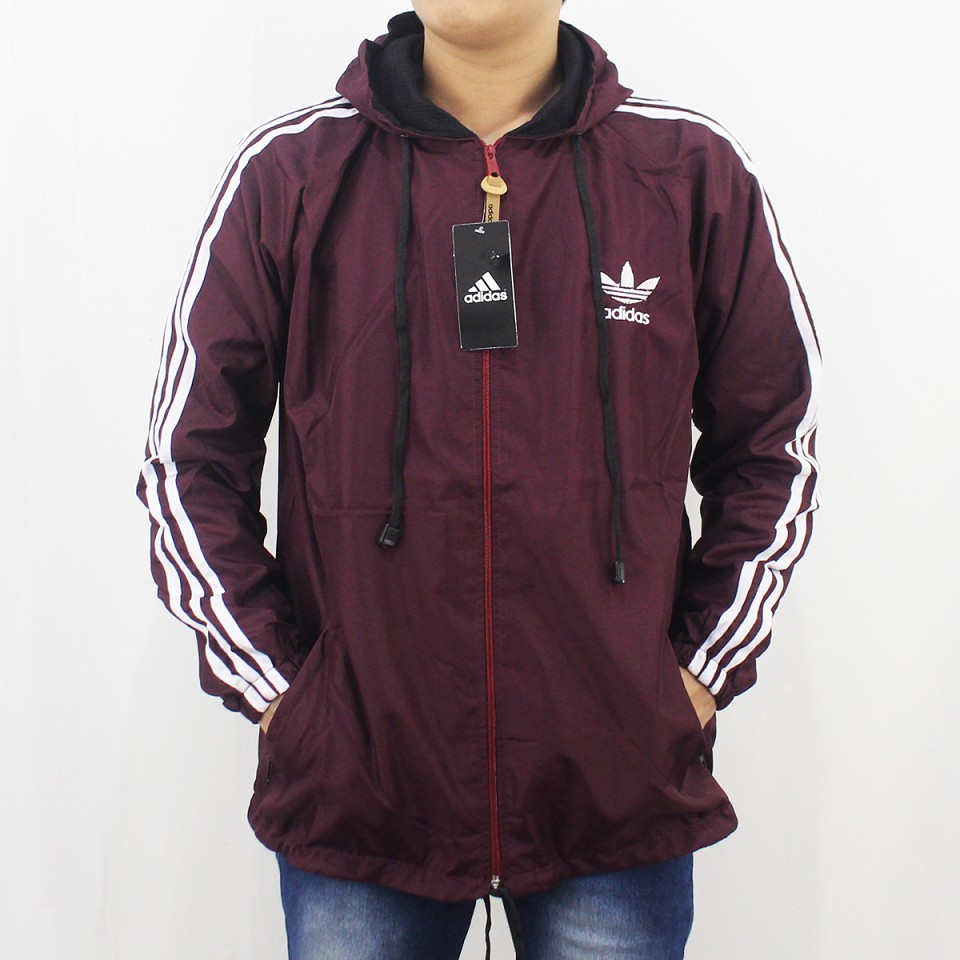 JAKET PARASUT JUMBO ADIDAS WINDBREAKER MARUN LIST PUTIH - JAKET OLAH RAGA PRIA -JAKET JUMBO XL XXL