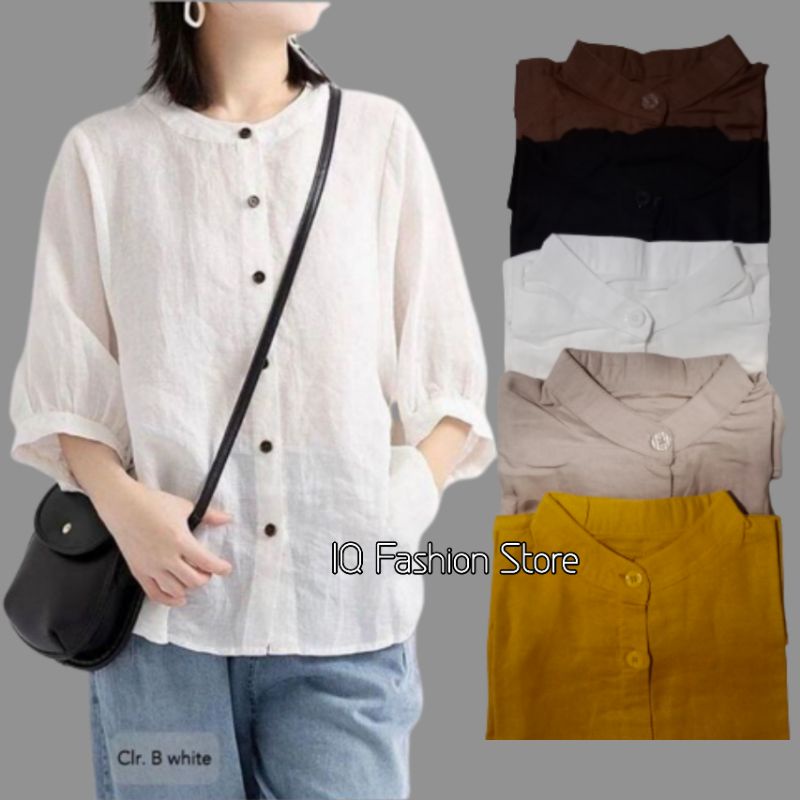 Baju Blouse Wanita Bahan Katun Linen Premium kerah Shanghai lengan 3/4