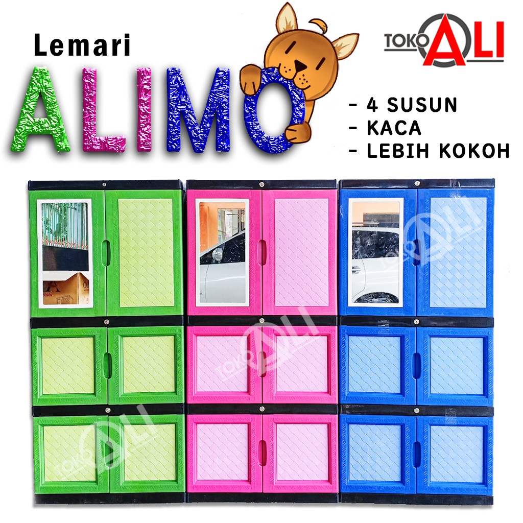 Lemari almari Alimo baju Pakaian Kaca 4 Susun Plastik 3 Pintu Jumbo Promo Murah Anti Rayap