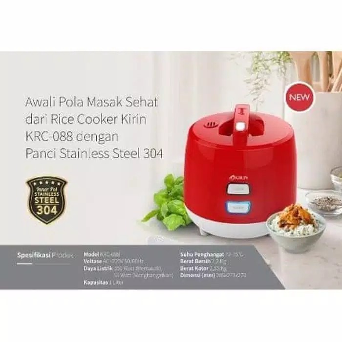 Kirin Rice Cooker 1 Liter KRC-088 (Panci Stainless) / Magic Com 1L Kirin KRC 088 - Garansi 1 Tahun